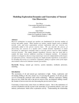 <span itemprop="name">Olaya, Yris with Isaac Dyner, "Modeling Exploration Dynamics and Uncertainty of Natural Gas Discoveries"</span>