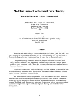 <span itemprop="name">Ford, Andrew with Thuy Nguyen and Allyson Beall, "Modeling Support for National Park Planning:  Initial Results from a Case Study of Glacier National Park"</span>