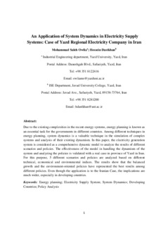 <span itemprop="name">Owlia, Mohammad with Hossein Dastkhan, "An Application of System Dynamics in Electricity Supply Systems: Case of Yazd Regional Electricity Company in Iran"</span>