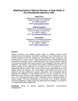 <span itemprop="name">Farsi, Arash with Anahita Khojandi and Leila Soltani, "Modeling Spiral of Silence Process: A Case-Study of Iran Presidential Elections 1997"</span>