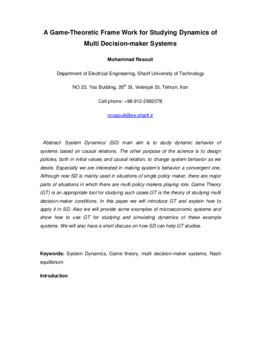 <span itemprop="name">Rasouli, Mohammad, "A Game-Theoretic Frame Work for Studying Dynamics of Multi Decision-maker Systems"</span>
