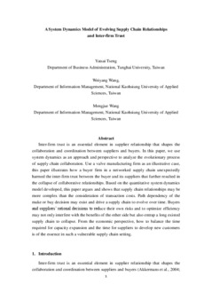 <span itemprop="name">Tseng, Ya-tsai with Wei Yang Wang, "A System Dynamics Model of Evolving Supply Chain Relationships and Inter-firm Trust"</span>