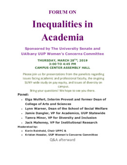 <span itemprop="name">Forum on Inequalities in Academia The University Senate and UAlbany UUP Women’s Concerns Committee</span>