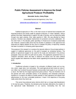 <span itemprop="name">Riojas, Jimmy with Alexander Acuna, "Public Policies Assessment to Improve the Small Agricultural Producer Profit"</span>