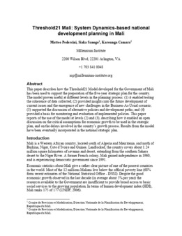 <span itemprop="name">Pedercini, Matteo with Siaka Sanogo and Karounga Camara, "Threshold21 Mali: System Dynamics-based national development planning in Mali"</span>