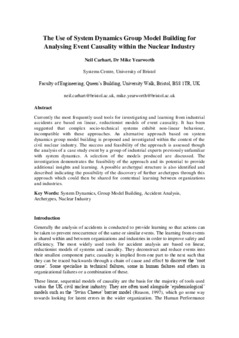 <span itemprop="name">Carhart, Neil with Michael Yearworth, "The Use of Group Model Building for Analysing Event Causality within the Nuclear Industry"</span>