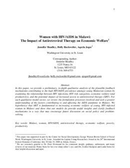 <span itemprop="name">Headley, Jennifer with Holly Rockweiler and Aqeela Jogee, "Women with HIV/AIDS in Malawi: The impact of anti-retroviral therapy on economic welfare (Lupina Award Winner)"</span>