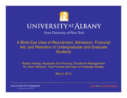 <span itemprop="name">Birds-Eye View of Recruitment, Admission, Financial Aid, and Retention of Undergraduate and Graduate Students - PowerPoint Presentation Given by Robert Andrea, Associate Vice Provost, Enrollment Management, Dr. Kevin Williams, Vice Provost and Dean of Graduate Studies</span>