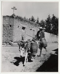 <span itemprop="name">A man and two donkeys with wooden barrels strapped...</span>