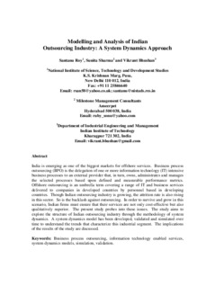 <span itemprop="name">Roy, Santanu with Sunita Upadhyaya and Vikrant Bhushan, "Modelling and Analysis of the Indian Outsourcing Industry: A System Dynamics Approach"</span>