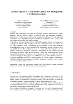 <span itemprop="name">Ceresia, Francesco with Giovan Battista Montemaggiore, "A System Dynamics Model for the Clinical Risk Management: a preliminary analysis"</span>