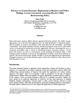 <span itemprop="name">Wolfe, Ellen, "Barriers to SD Deployment in Business and Policy Making: Lessons Learned in Assessing Electric Utility Restructuring Policy"</span>
