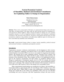 <span itemprop="name">Zimmermann, Nicole, "System-Dynamical Analysis of Mutability, Rational and Emotional Commitment for Explaining Failure to Change in Organizations"</span>