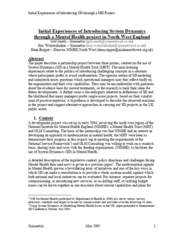 <span itemprop="name">Smith, Gill with Eric Wolstenholme and Dean Repper, "Initial Experiences of Introducing System Dynamics through a Mental Health Project in North West England"</span>