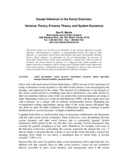<span itemprop="name">Morris, Don, "Causal Inference in the Social Sciences: Variance Theory, Process Theory, and System Dynamics"</span>