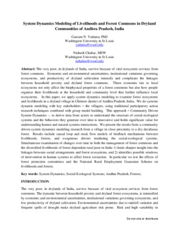 <span itemprop="name">Chalise, Nishesh with Gautam Yadama and Foundation for Ecological Security, "System Dynamics Modeling of Livelihoods and Forest Commons in Dryland Communities of Andhra Pradesh, India"</span>