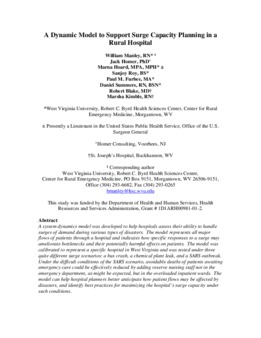 <span itemprop="name">Manley, William with Jack Homer, Marna Hoard, Sanjoy Roy, Paul Furbee, Daniel Summers, Robert Blake and Marsha Kimble, "A Dynamic Model to Support Surge Capacity Planning in a Rural Hospital"</span>