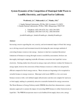 <span itemprop="name">Westbrook, Jessica with Leonard Malczynski, "System Dynamics of the Competition of Municipal Solid Waste to Landfill, Electricity, and Liquid Fuel in California"</span>