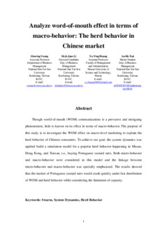 <span itemprop="name">Young, Showing with Shyh-Jane Li, Yu-Ying Huang and An-ho Tsai, "Analyze word-of-mouth effect in terms of macro-behavior: The herd behavior in Chinese market"</span>