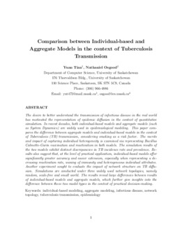 <span itemprop="name">Tian, Yuan with Nathaniel Osgood, "Comparison between Individual-based and Aggregate Models in the Context of Tuberculosis Transmission"</span>