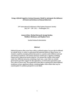 <span itemprop="name">Bier, Asmeret with Michael Bernard, George Backus, Matt Glickman and Stephen Verzi, "Using a Hybrid Cognitive-System Dynamics Model to Anticipate the Influence of Events and Actions on Human Behaviors"</span>