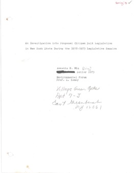 <span itemprop="name">Mis, Annette, An Investigation into Proposed Citizen Suit Legislation in NY State during the 1972-1973 Legislative Session</span>