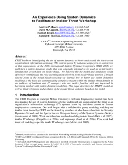 <span itemprop="name">Moore, Andrew with Dawn Cappelli, Hannah Joseph and Randall Trzeciak, "An Experience Using System Dynamics to Facilitate an Insider Threat Workshop"</span>