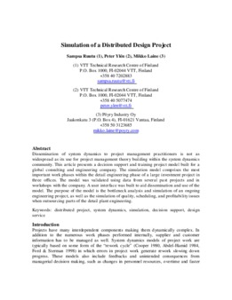 <span itemprop="name">Ruutu, Sampsa with Peter Ylen and Mikko Laine, "Simulation of a Distributed Design Project"</span>