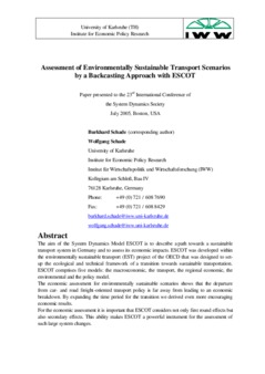 <span itemprop="name">Schade, Burkhard with Wolfgang Schade, "Assessment of Environmentally Sustainable Transport Scenarios by a Backcasting Approach with ESCOT"</span>
