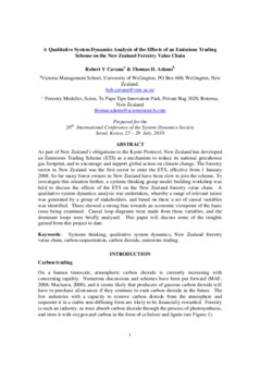 <span itemprop="name">Cavana, Robert with Thomas Adams, "A Qualitative System Dynamics Analysis of the Effects of an Emissions Trading Scheme on the New Zealand Forestry Value Chain"</span>