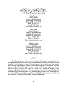 <span itemprop="name">Voyer, John with Susan Chinn and Charlotte Pryor, "Adaptive Leadership Challenges at Smaller Nonprofit Organizations: A System Dynamics Approach"</span>