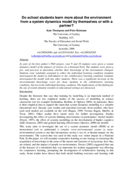 <span itemprop="name">Thompson, Kate with Peter Reimann, "Do school students learn more about the environment from a system dynamics model by themselves or with a partner?"</span>