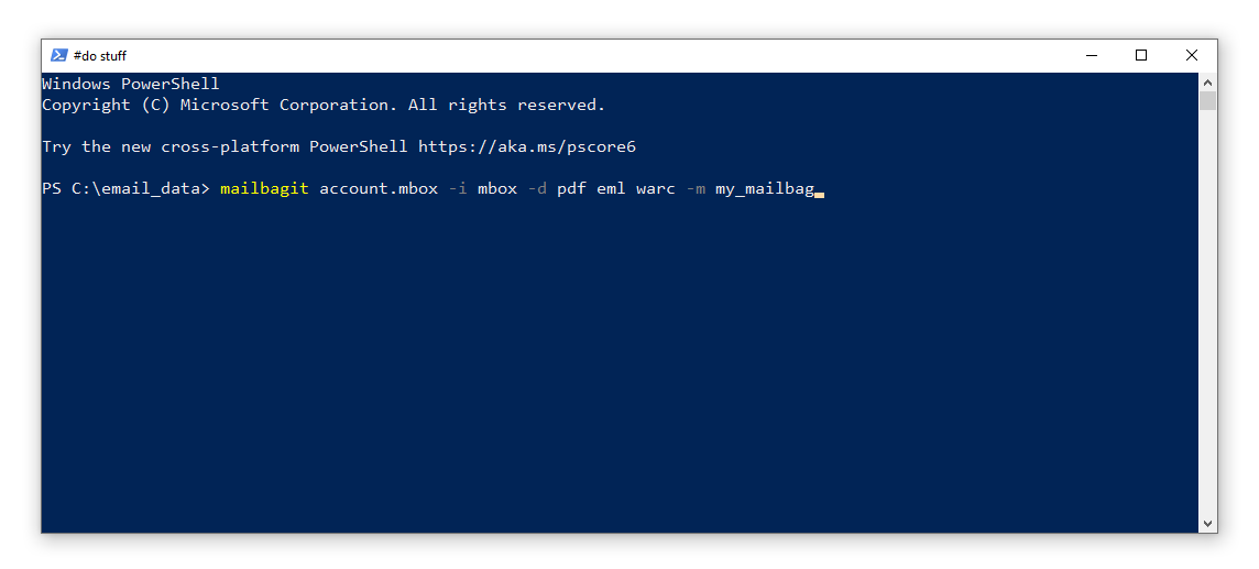 Screenshot of running the mailbagit command in Windows Powershell.