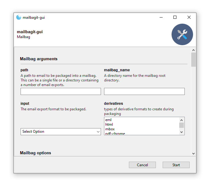 Screenshot of the mailbagit GUI.